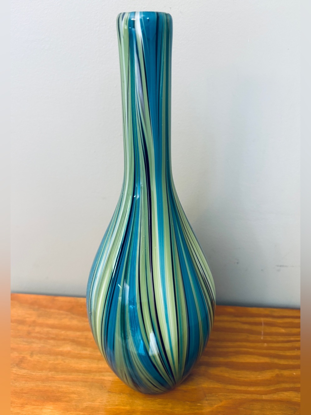 Hand-Blown Heavy Murano Style Blue and Green Striped Glass Bud Vase